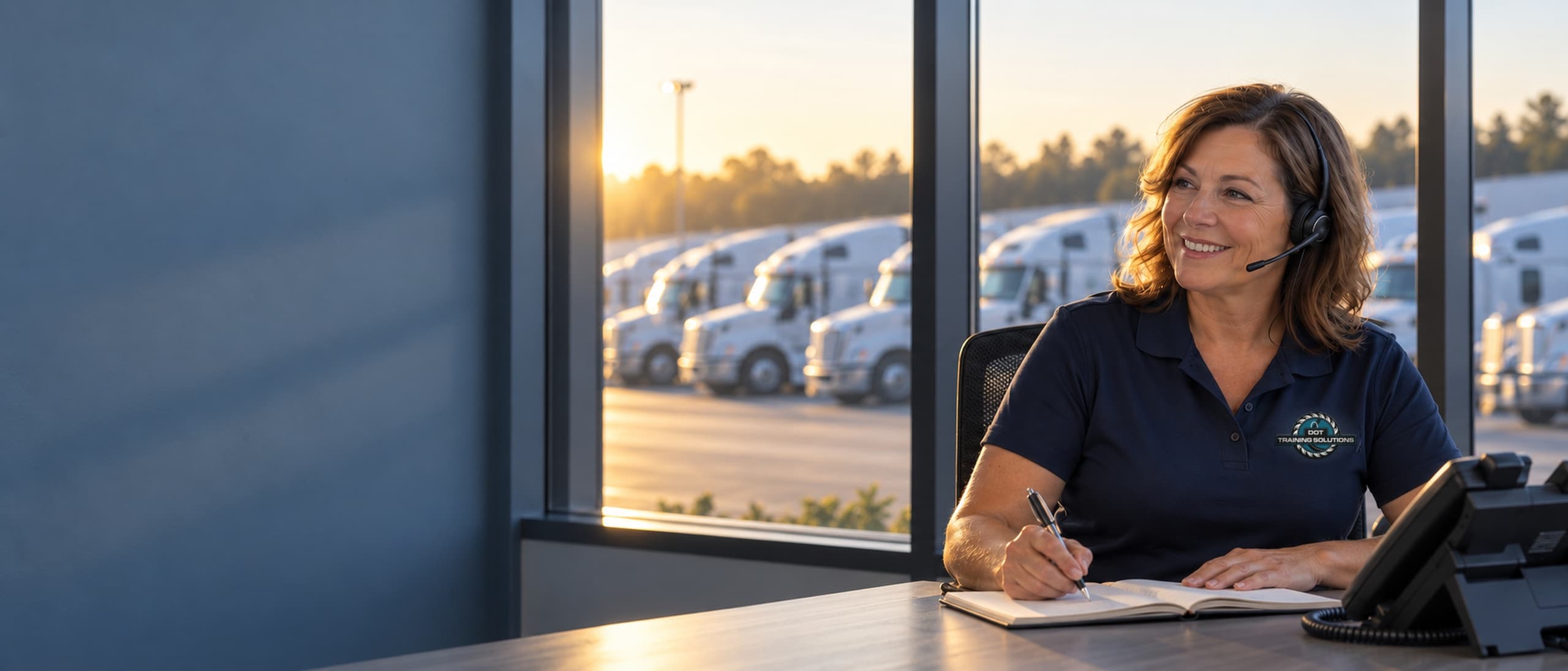 A smiling DOT Training Solutions coordinator in a headset and a navy company polo takes a call at her desk, with a row of parked semi-trucks outside the window