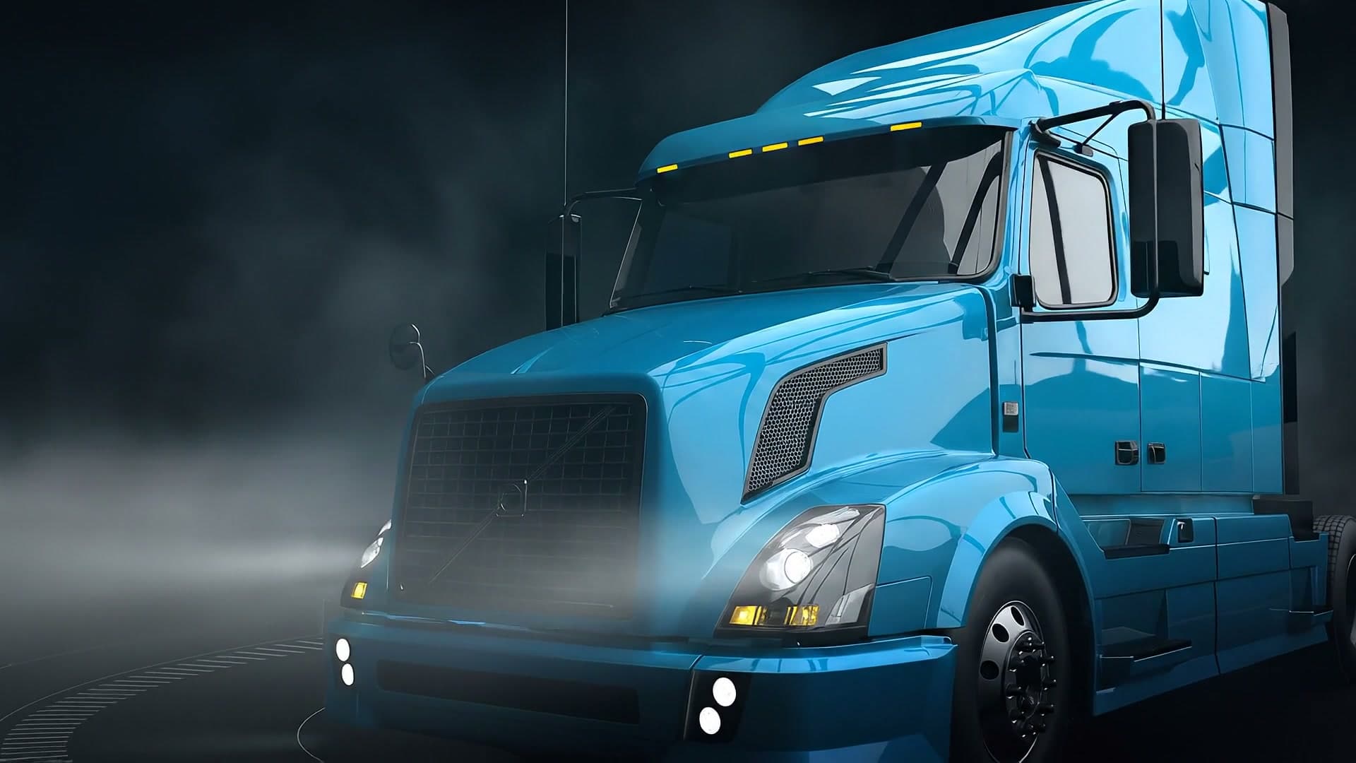Dark blue Class 8 semi-truck with headlights on in rolling fog